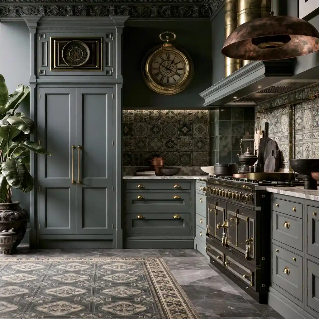 Victorian kitchen design with dark green panelled cabinetry