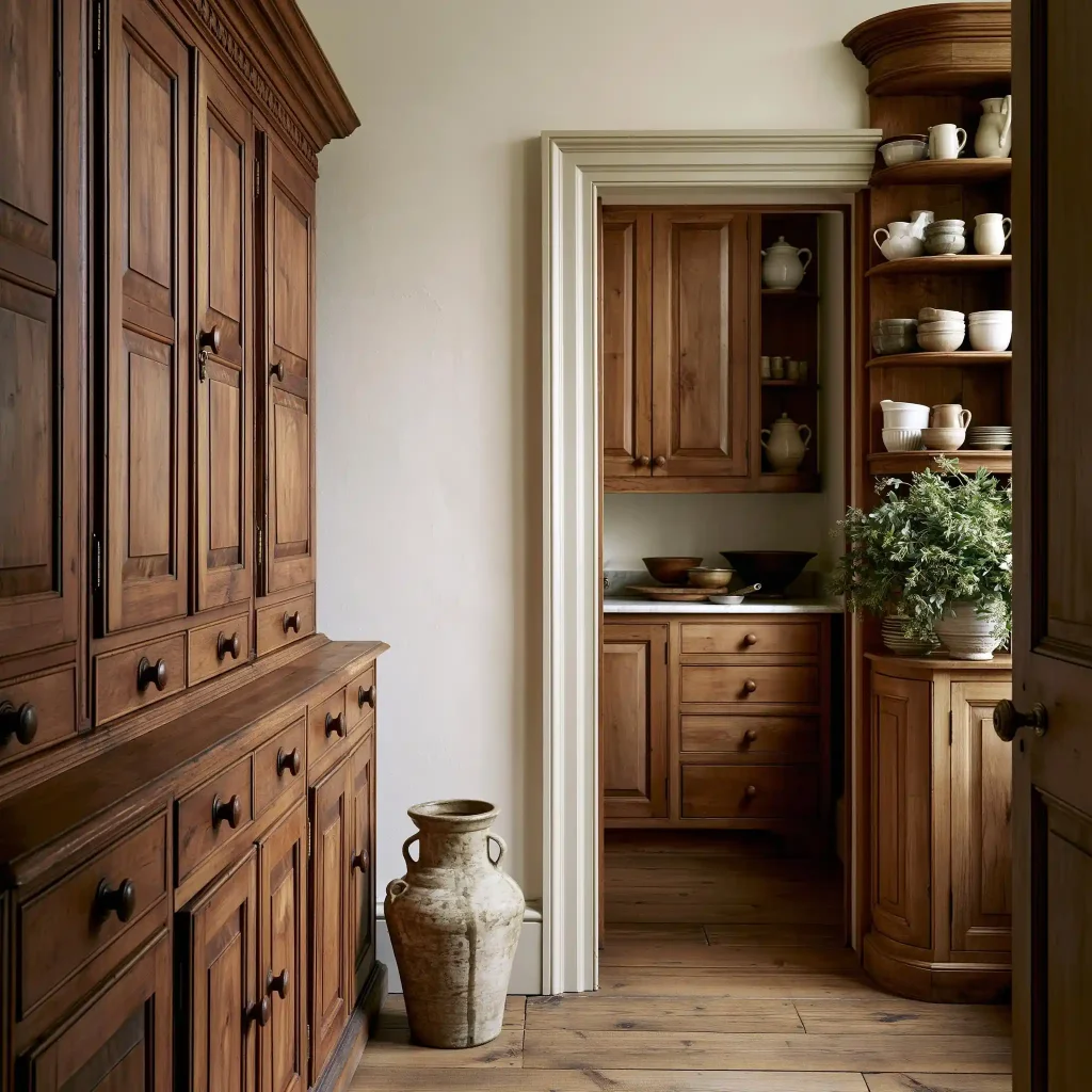 Victorian style kitchen storage with wooden pantry cabinets