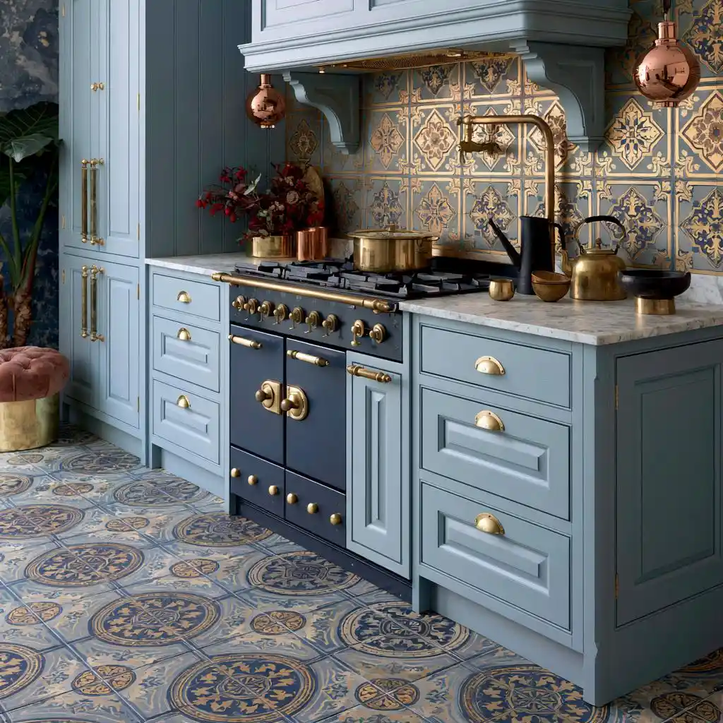 Victorian style kitchen with brass hardware and tile backsplash