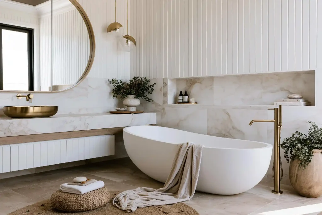 White and gold bathroom idea with luxury tub