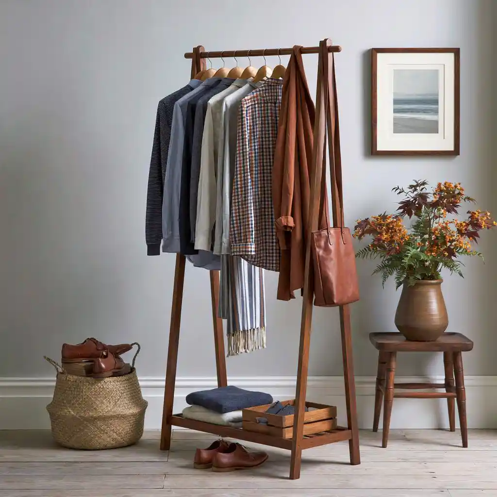 Wooden A-frame DIY clothes rack with basket
