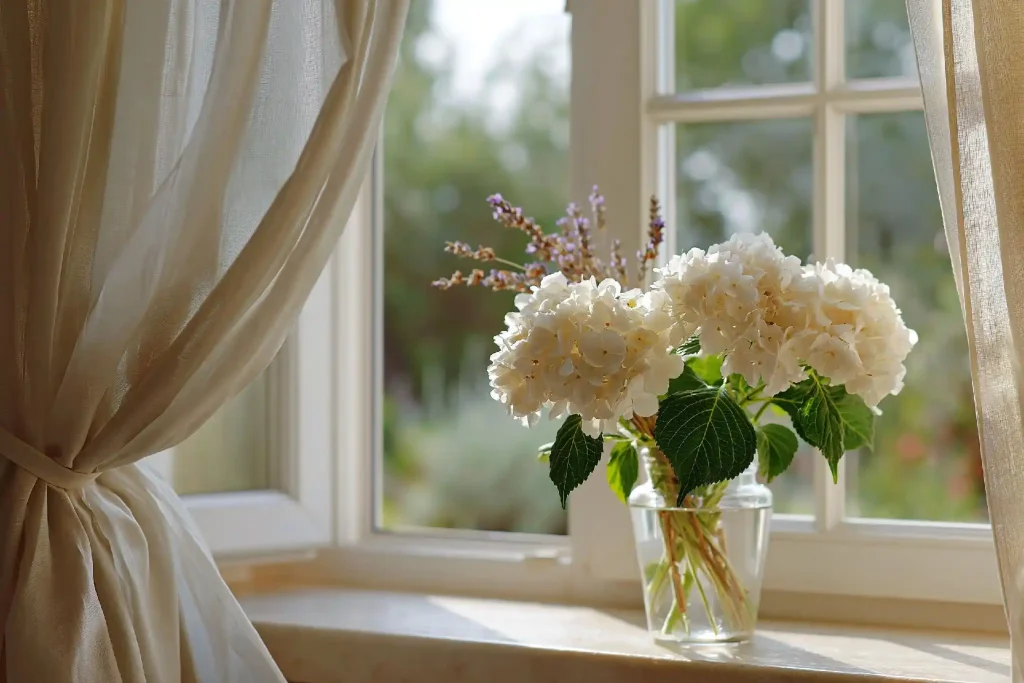 Hydrangea vase decorating bathroom window sill