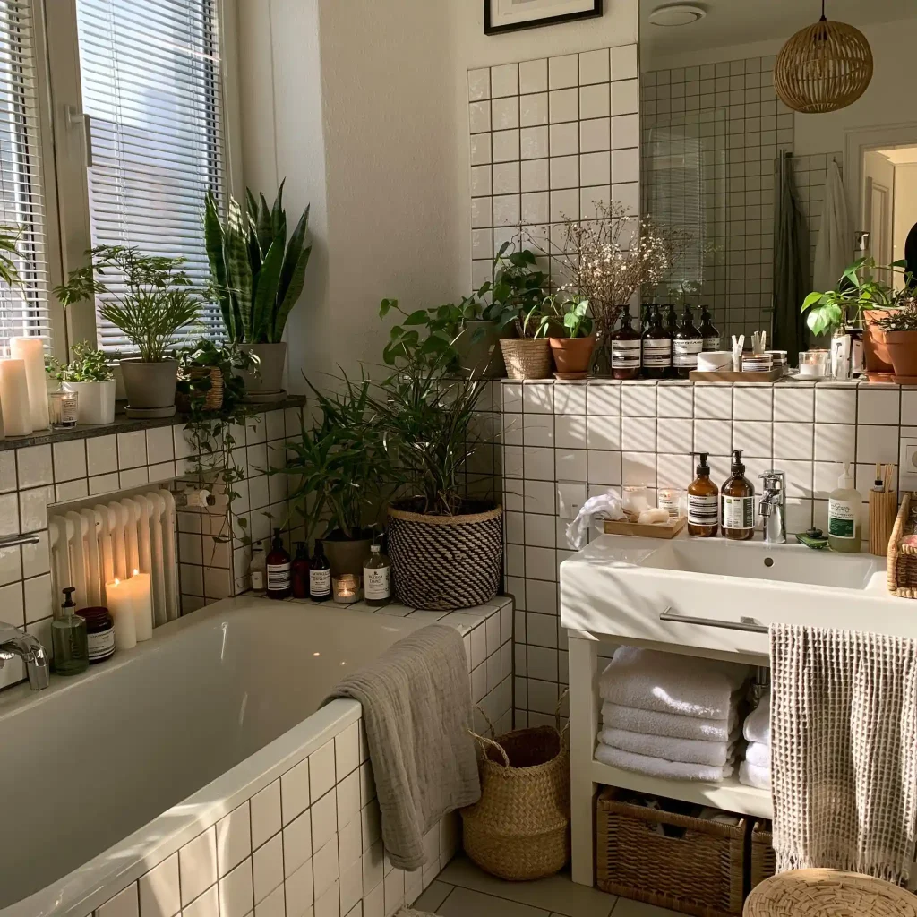 Bathroom with plants on window sill shelf