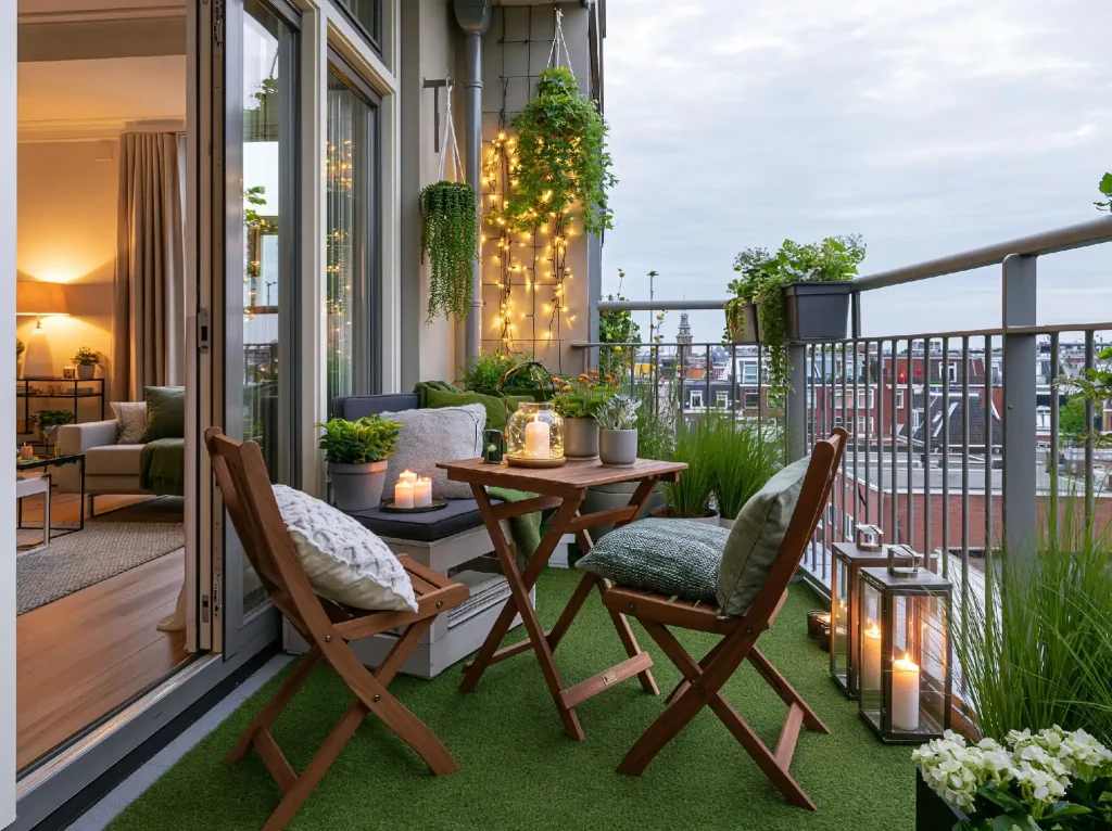 Small bedroom balcony idea with string lights