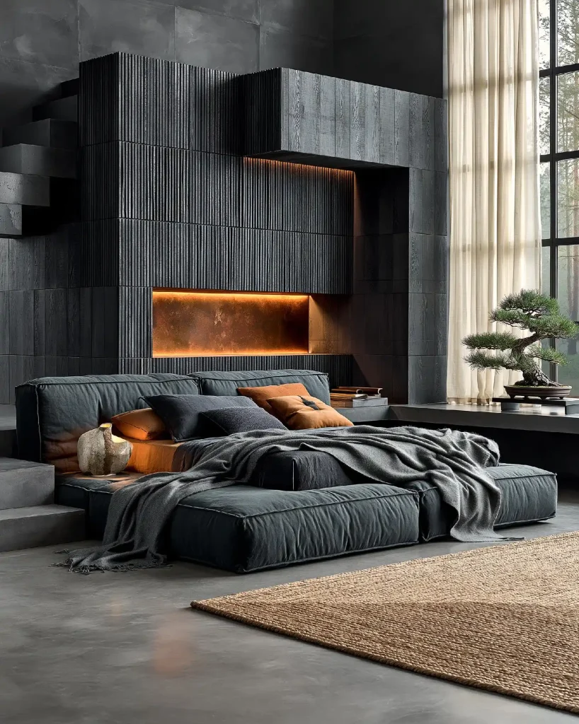 Modern dark bedroom with textured wall and fireplace