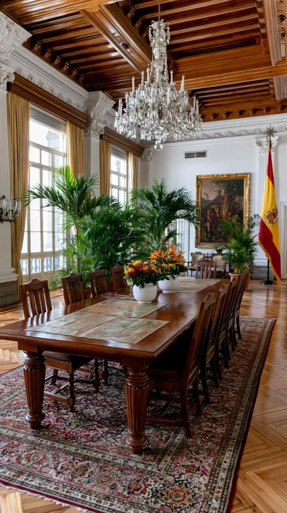 Spanish colonial dining room with crystal chandelier