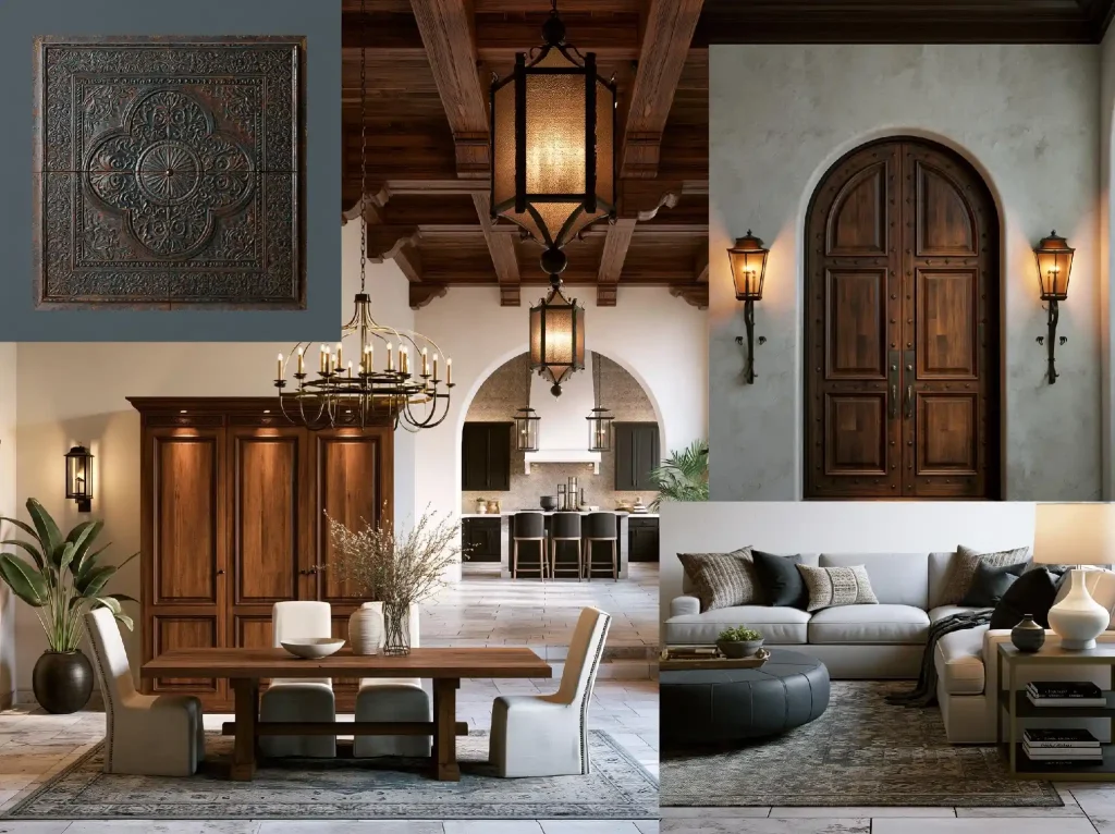 Spanish colonial style kitchen and arched wooden door