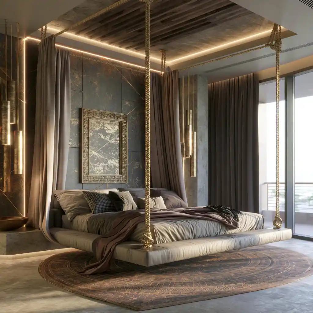 Suspended floating bed in dark luxury bedroom