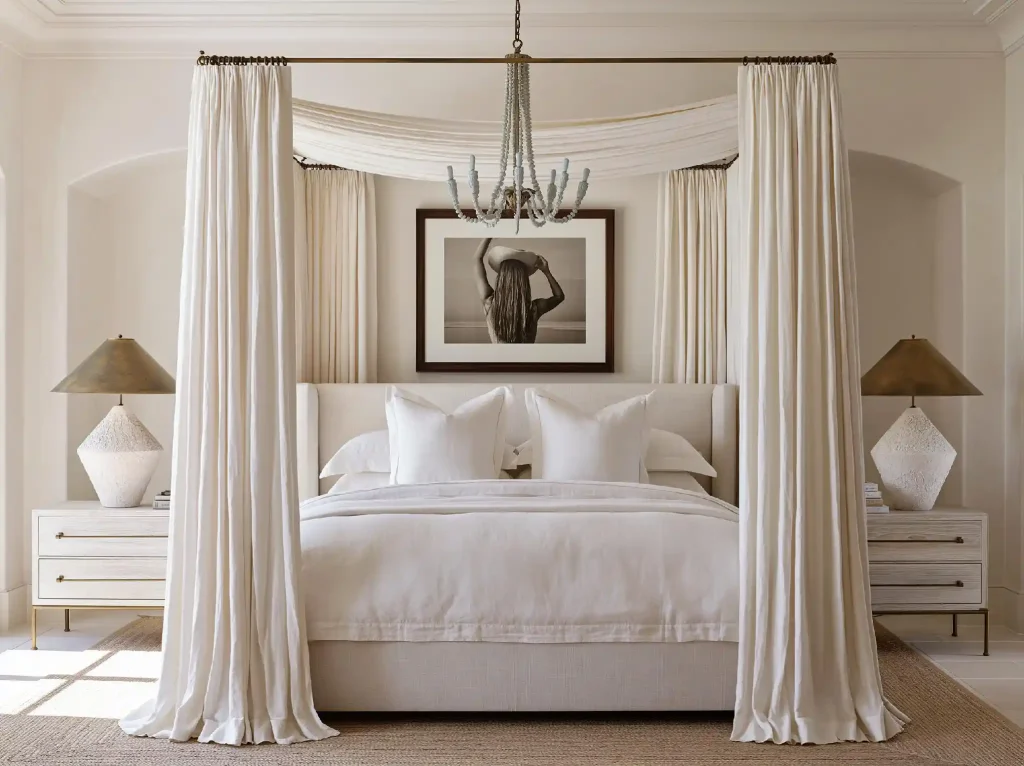 A delicate chandelier complements this romantic, traditional canopy bed setup.
