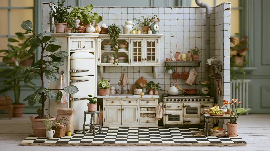 Traditional Victorian kitchen with white cabinetry and checkered floor