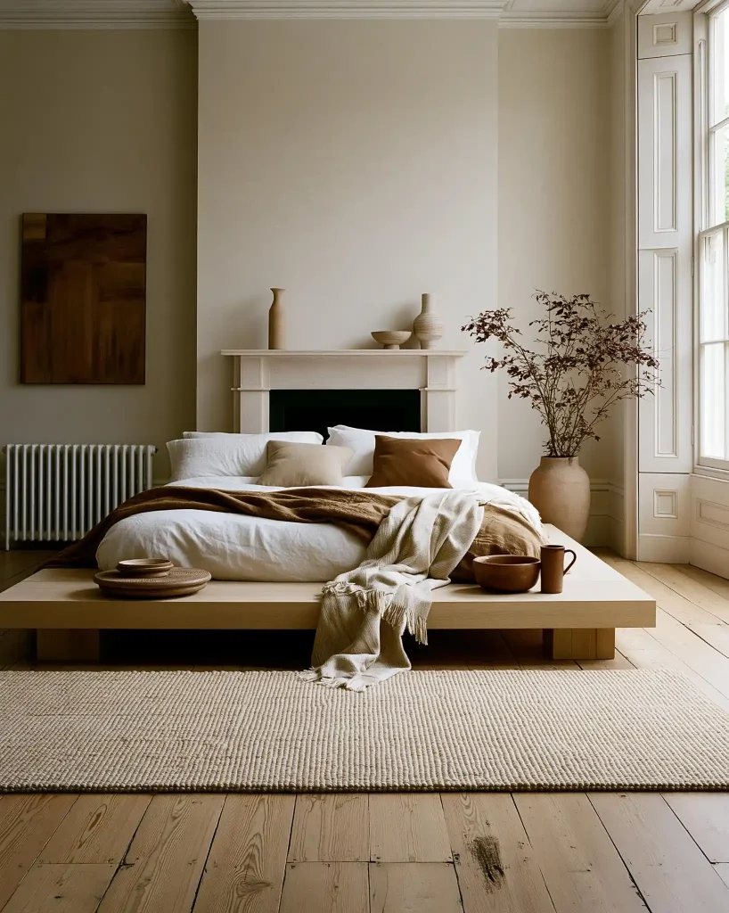 Oak laminate bed design with neutral bedroom decor