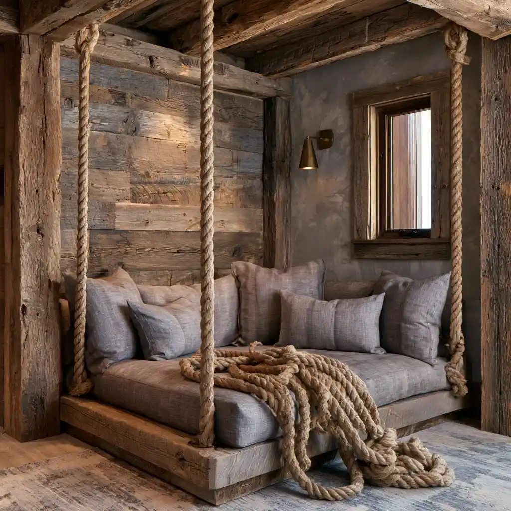 Rustic hanging bed design with rope suspension