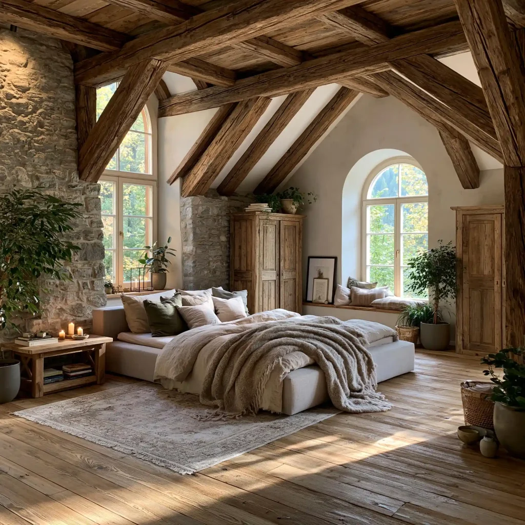 Wooden house interior bedroom with exposed wood beams