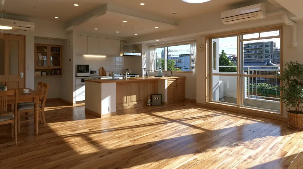 Simple wood house interior kitchen with wooden flooring