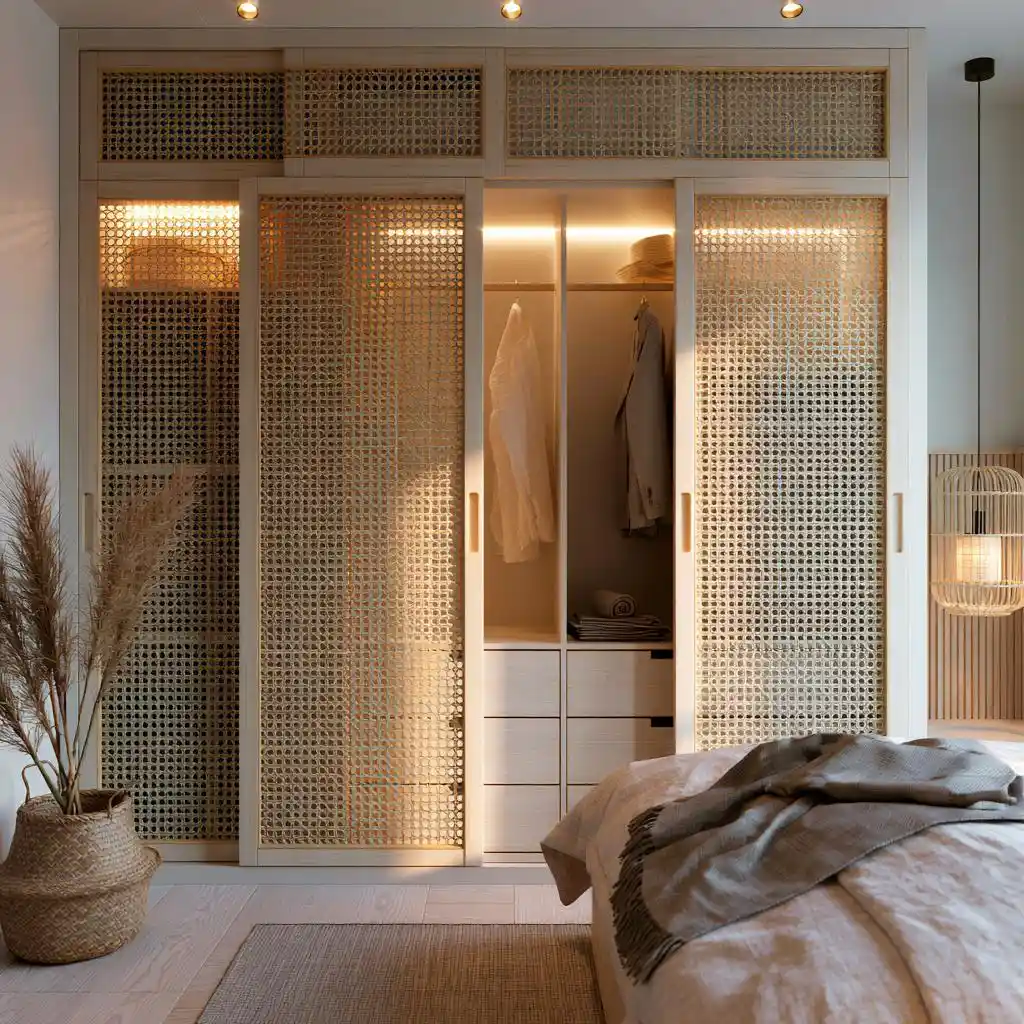 Sliding closet door ideas with cane wardrobe finish