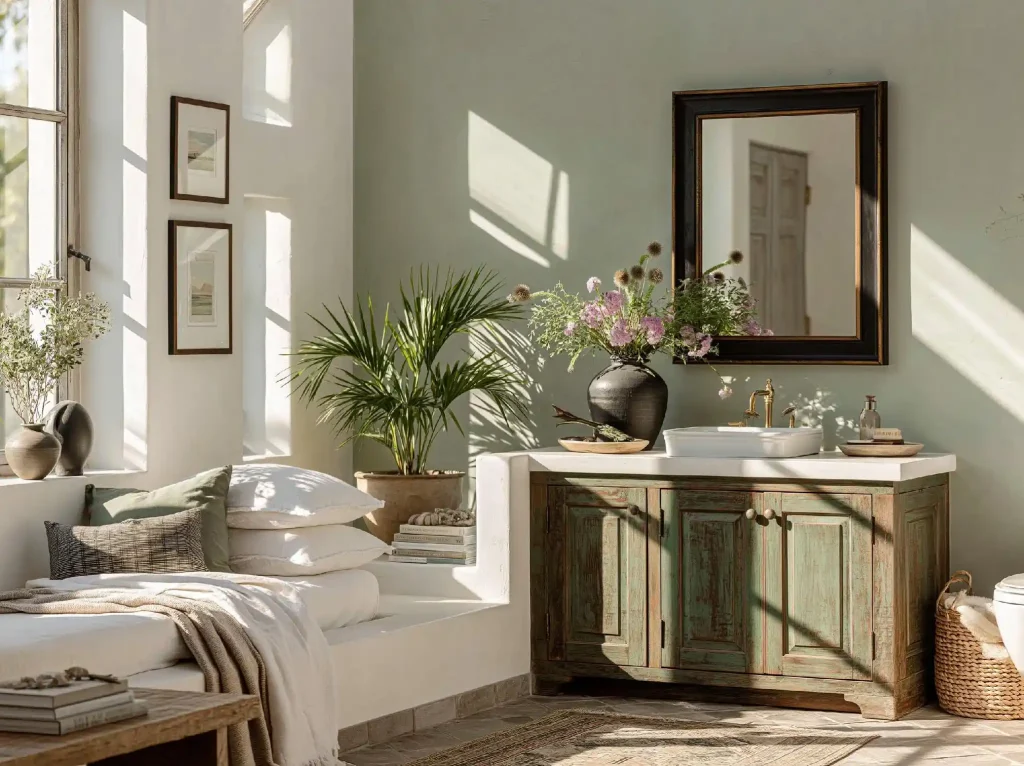 Small bathroom floral decor idea with vanity