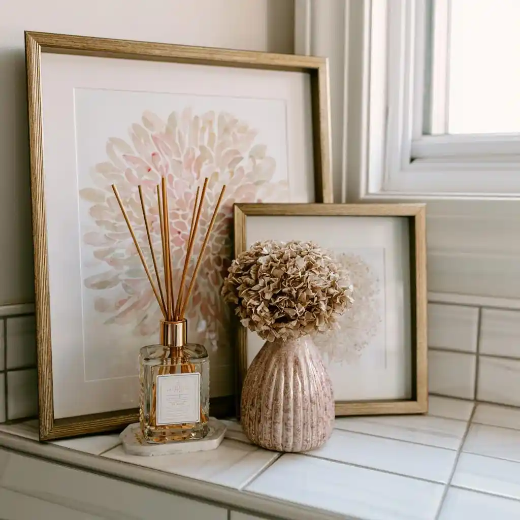 Reed diffuser and dried hydrangea on sill