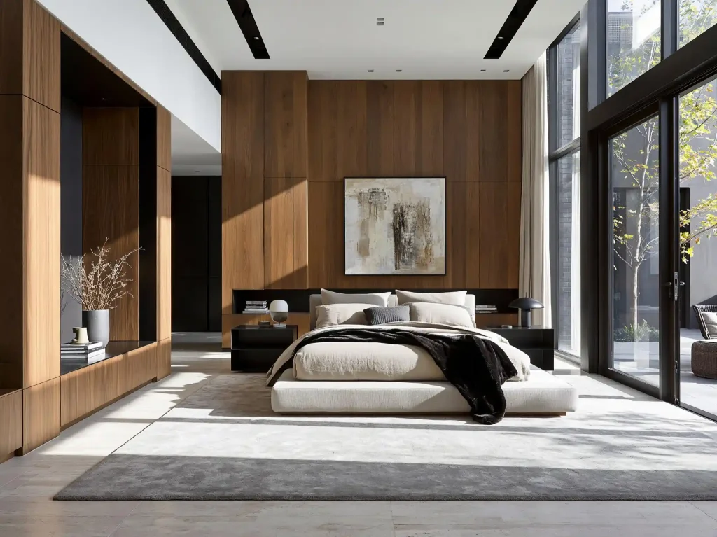 Modern bed laminate design in wood-panelled bedroom