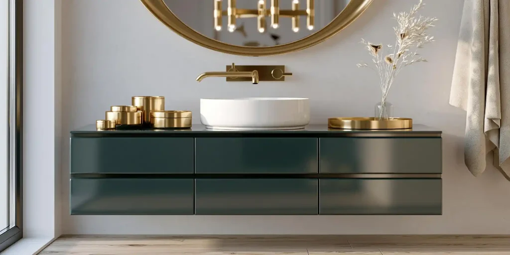  Modern gold bathroom idea with green vanity