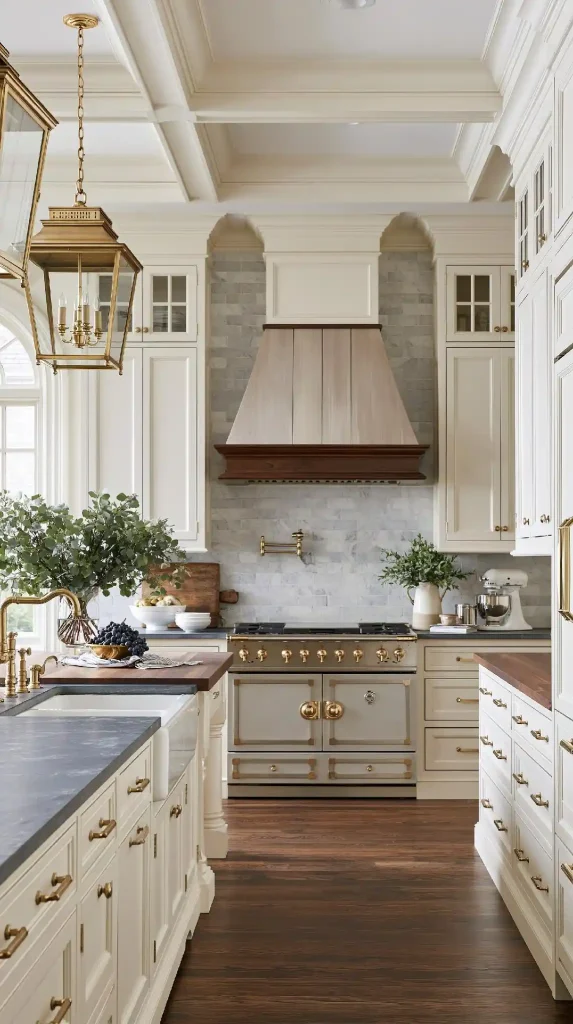 Modern Victorian kitchen with cream cabinetry and wood hood