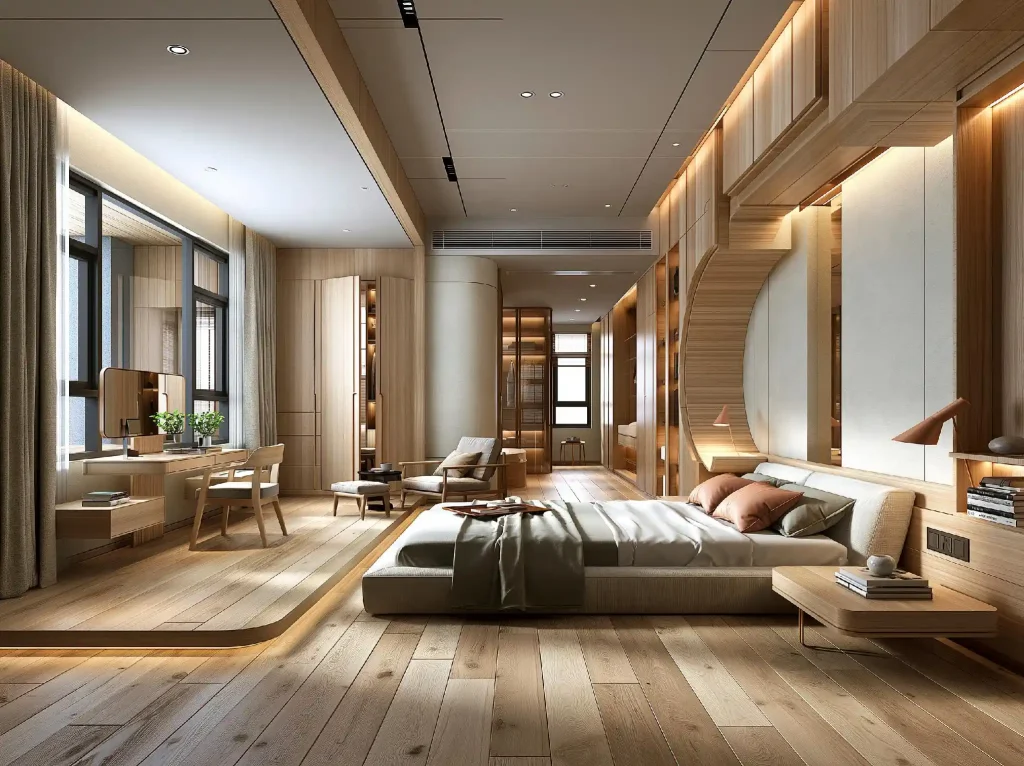 Modern wooden house interior bedroom with wood paneling