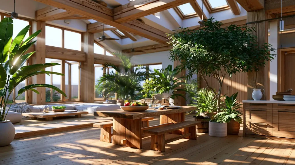 Modern wooden house interior with wood beams and plants