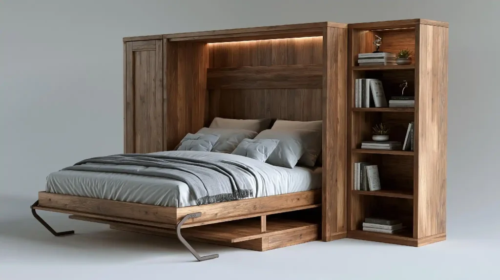 Wooden Murphy hidden bed with bookshelf