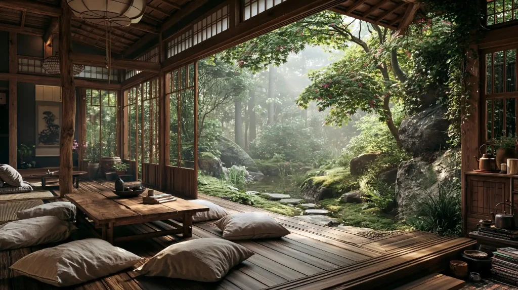  Natural wood house interior veranda with garden view