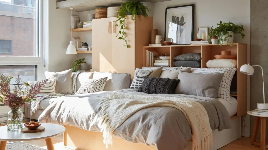 Light wood laminate bed design with shelving