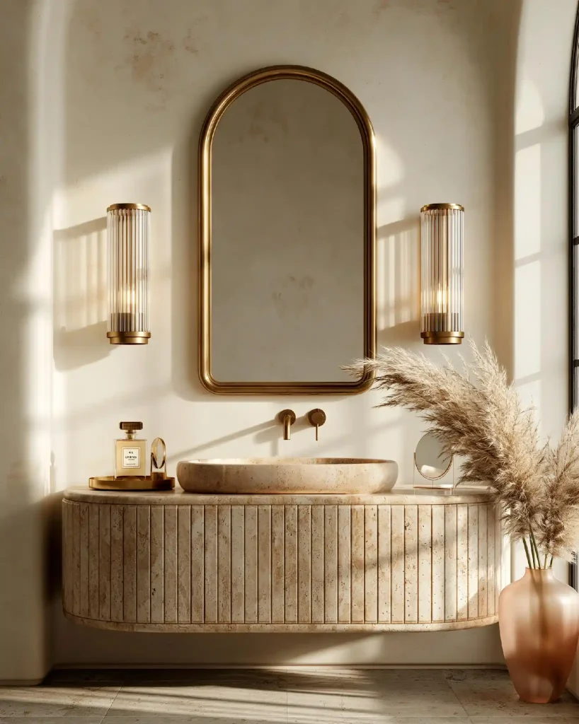 Luxury gold bathroom idea with fluted vanity