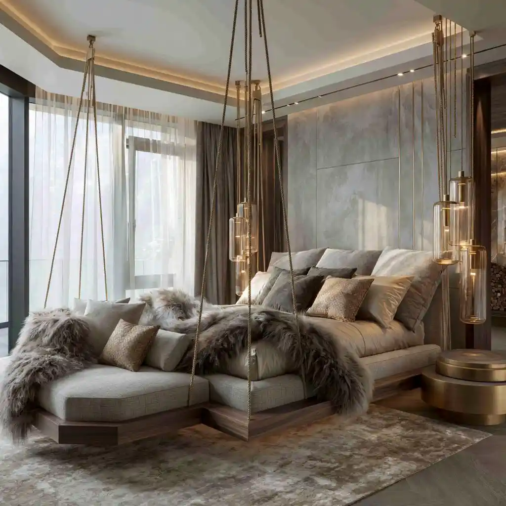 Luxury hanging bed design with gold cable suspension