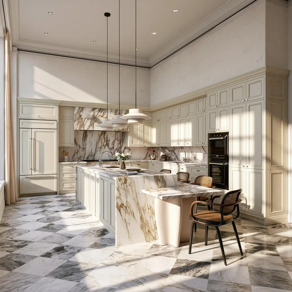 Luxury Victorian kitchen with marble island and modern design