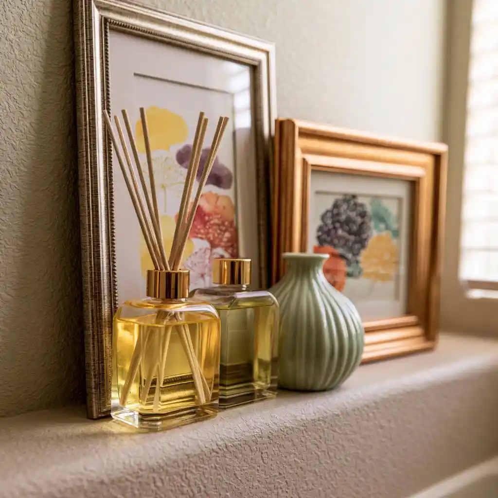 Reed diffuser bottles on bathroom window sill