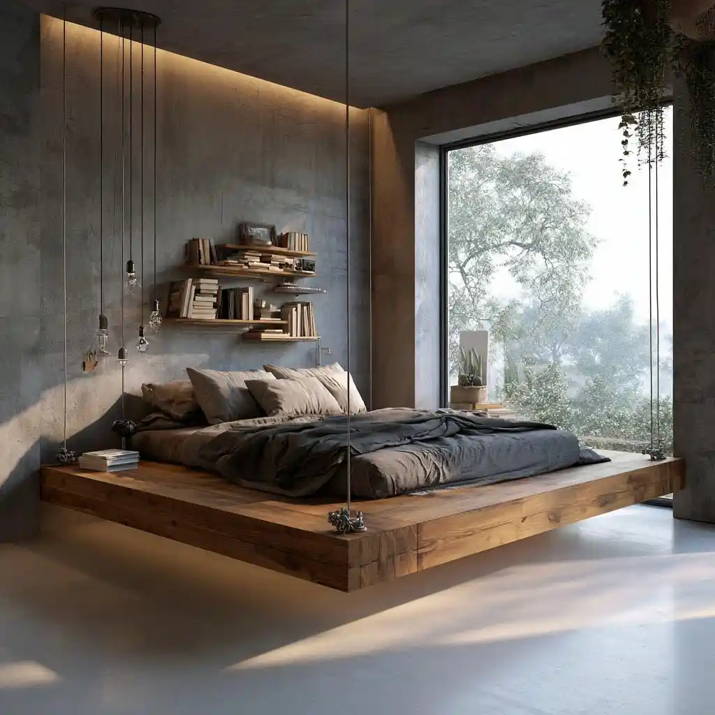 Hanging bed design in industrial concrete bedroom