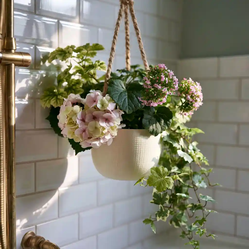 Hanging floral basket bathroom decor idea