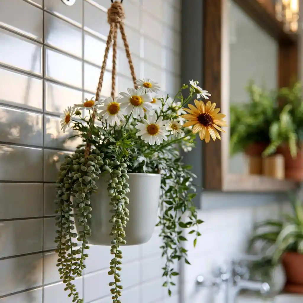 Hanging flower basket bathroom decor idea