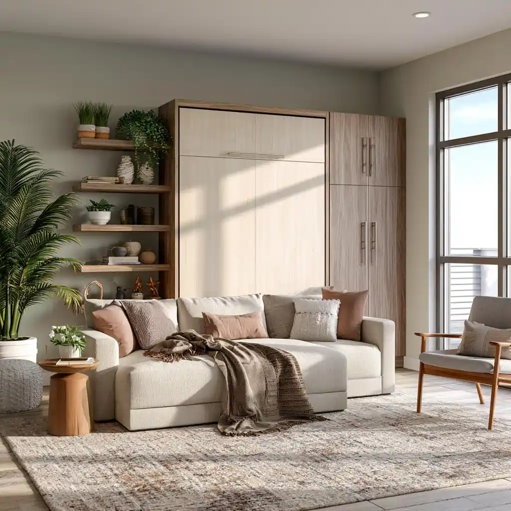 Hidden bed wall unit in living room