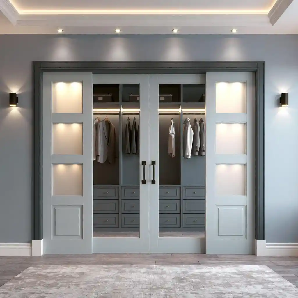 Hinged closet doors with glass panels and lighting