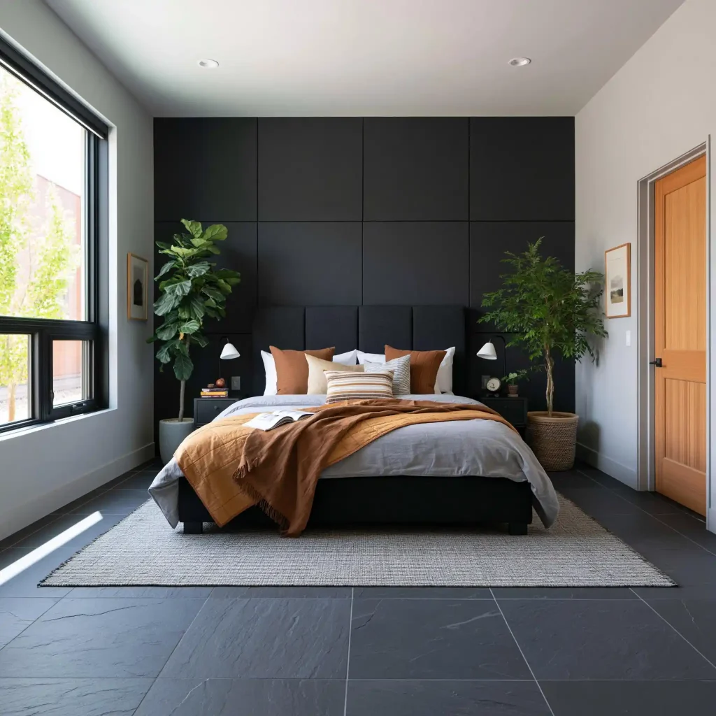 HomeLane dark bedroom design with charcoal accent wall