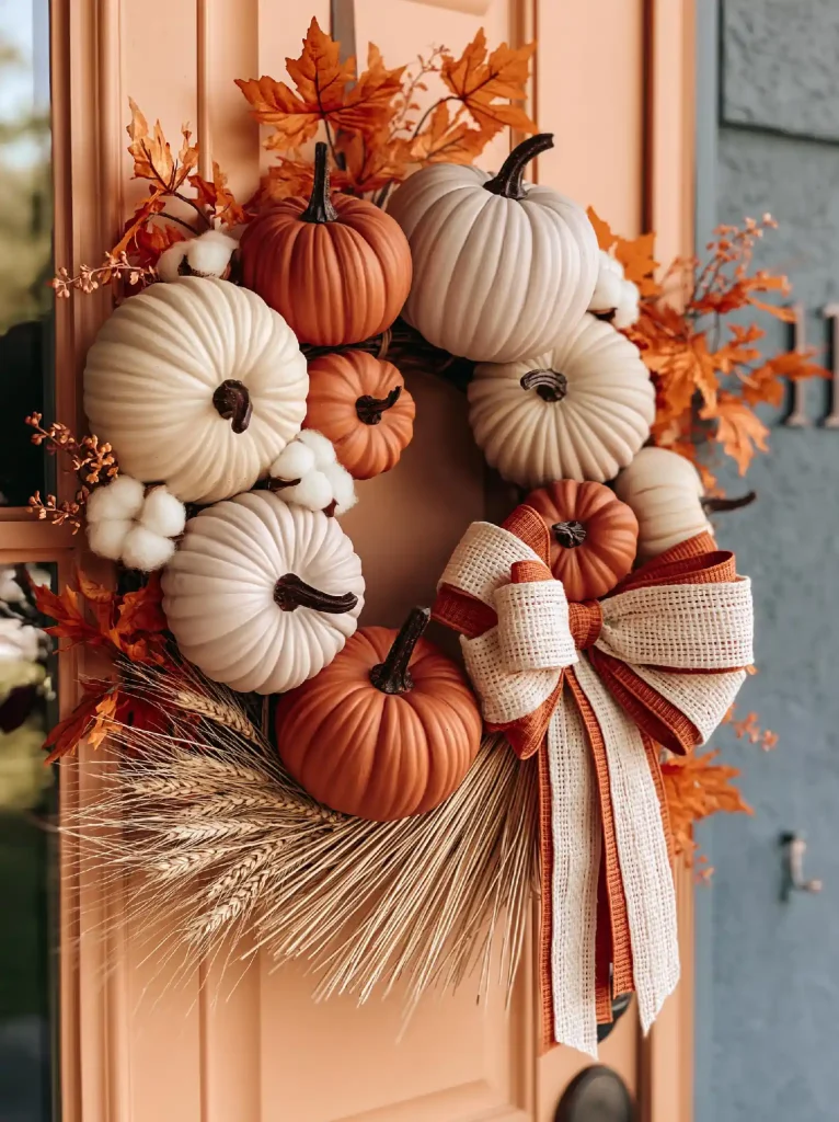 Fall kitchen decor pumpkin wreath idea