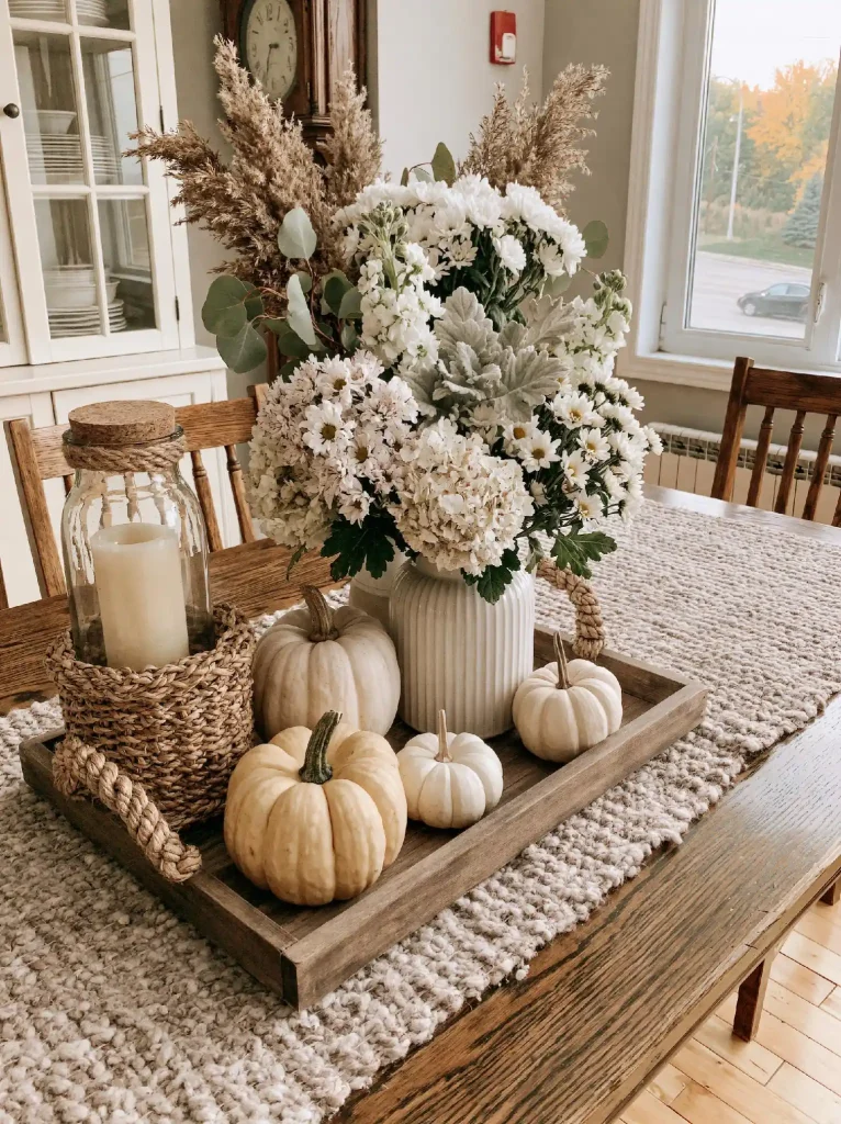 Fall kitchen decor white floral centerpiece