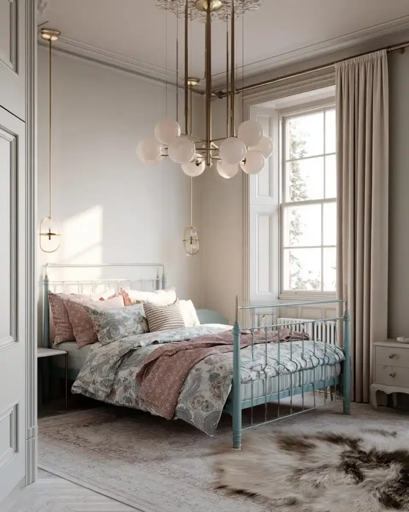 Farmhouse chandelier idea in cottage bedroom
