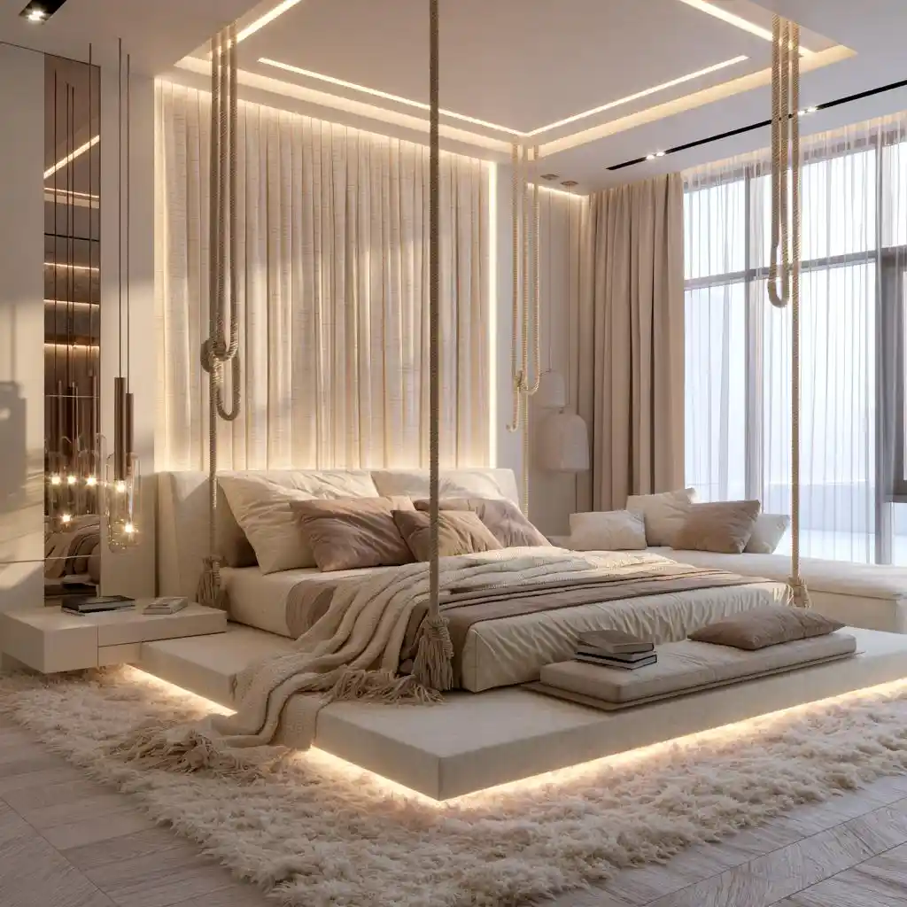 Floating hanging bed in neutral luxury bedroom