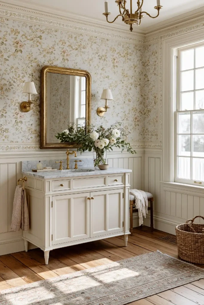 Floral wallpaper bathroom decor idea classic style