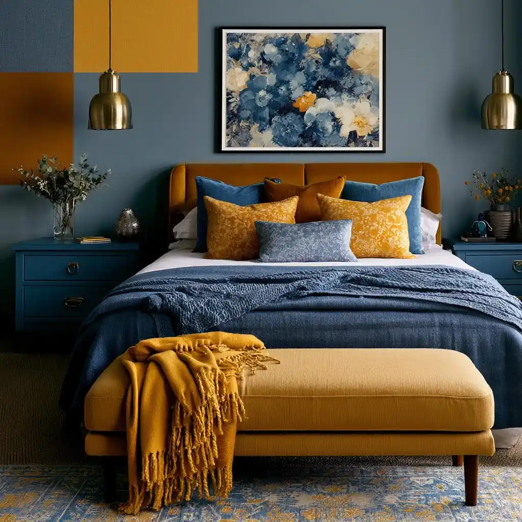  Navy and mustard dark bedroom colour combination