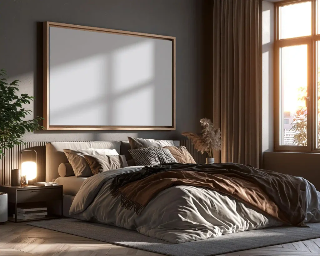 Dark bedroom design with layered bedside lighting