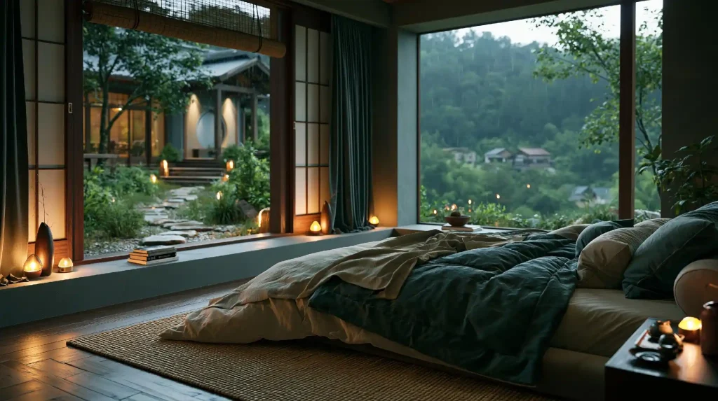 Dark bedroom idea with garden view and warm lighting