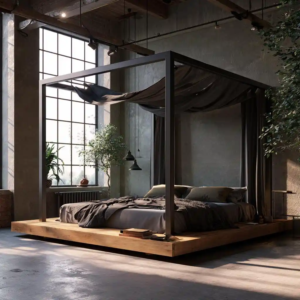 Dark bedroom design with industrial canopy bed