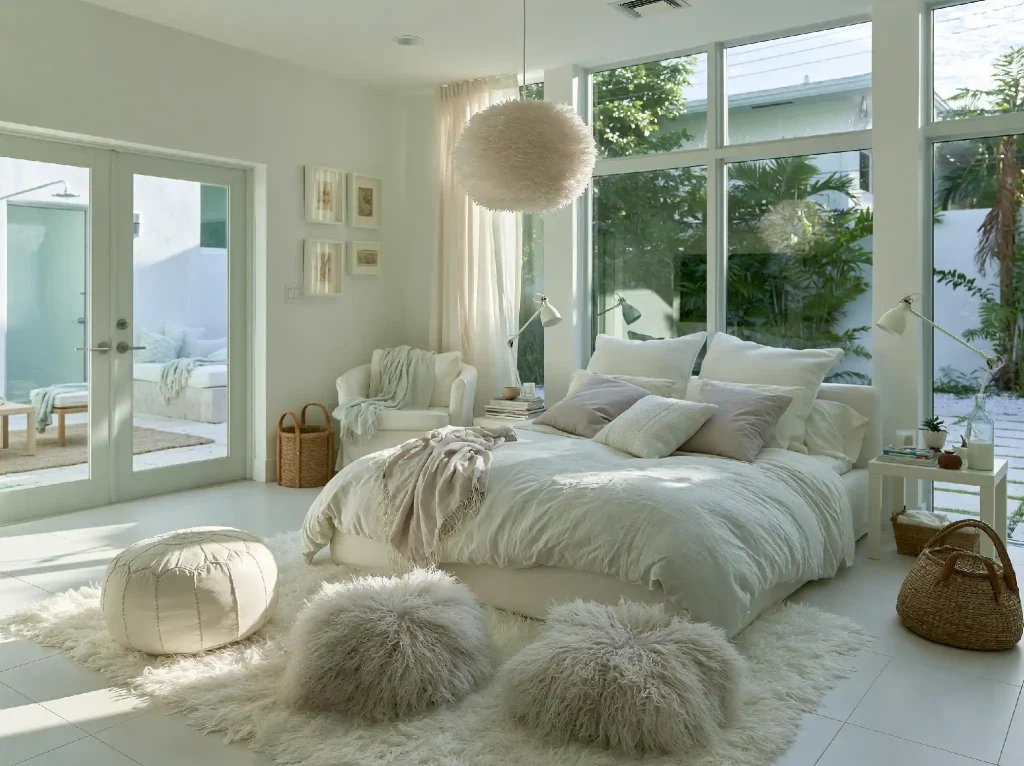 Drum chandelier idea in cosy white bedroom
