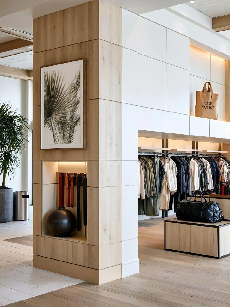 Boutique interior design wood panel wall